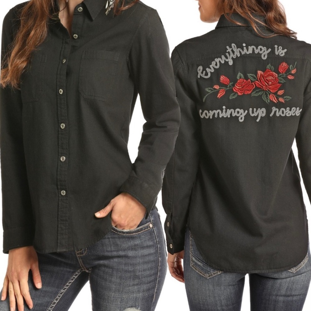 ROSE EMBROIDERED BLACK DENIM SHIRT